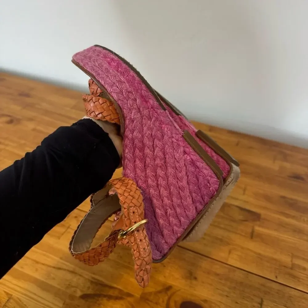 Diane Von Furstenberg DVF Braided Wedge Heel Sandals Pink Orange Size 7.5